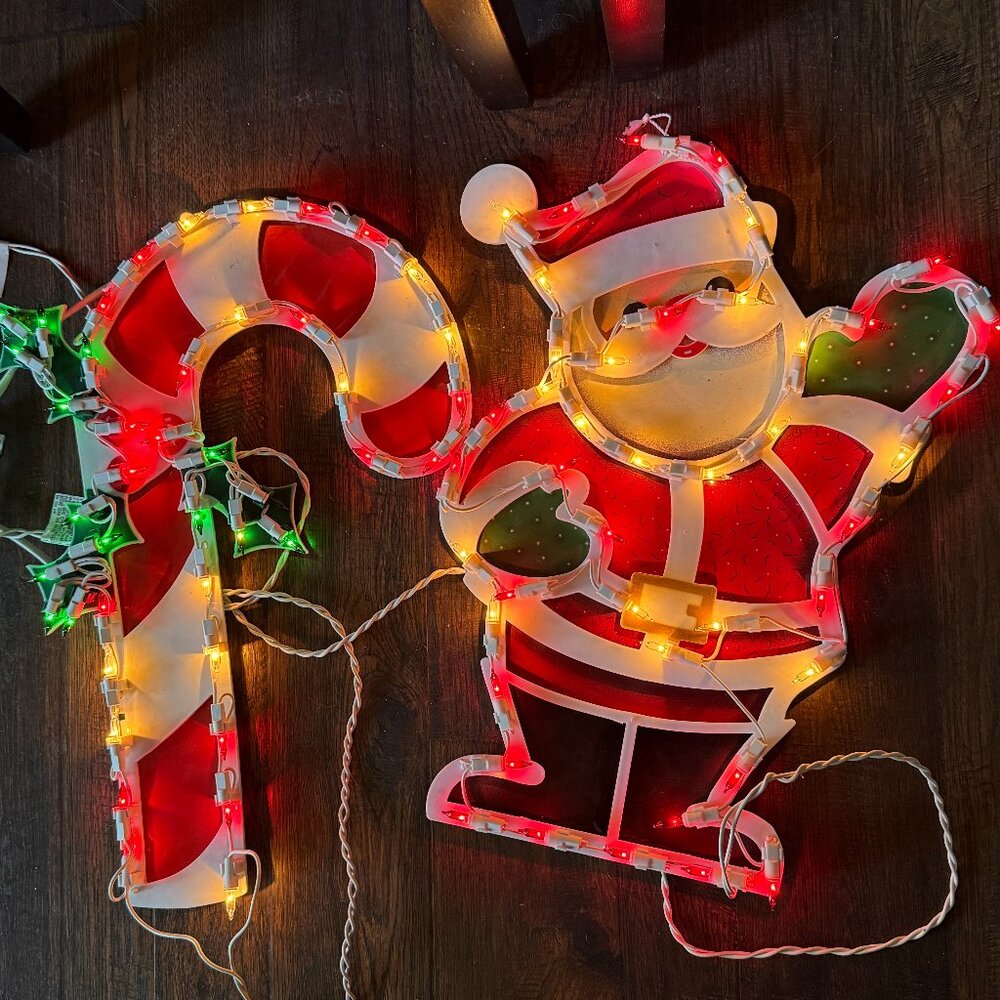 2PC VTG 2000 Impact Plastics Lighted Candy Cane Santa Claus Christmas Decoration